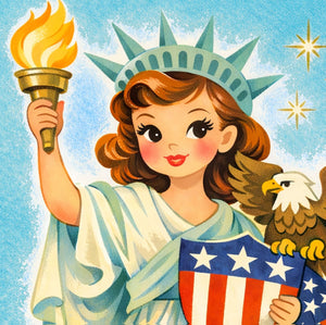A young girl in a blue dress holding a torch and a shield with stars, accompanied by an eagle, all set against a blue sky with stars.