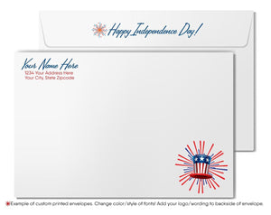 The image is a white envelope with a patriotic design featuring an American flag and fireworks. The text on the envelope reads "Happy Independence Day!" and provides instructions for customizing the envelope, such as changing the color or style of the font and adding a logo or wording to the backside.
