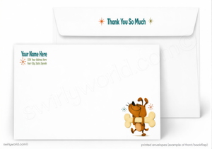 A set of printed custom envelopes on a white background, featuring a front envelope with a cartoon dog illustration and the text 'Thank You So Much' in teal, and a back envelope with placeholder text 'Your Name Here' and '1234 New Address City, State, Zip-code'.