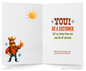 An open greeting card or booklet with printed western-themed text and illustrations. The left page shows a cartoon cowboy giving a thumbs-up under a yellow sun, and the right page reads, 'YOU! AS A CUSTOMER.