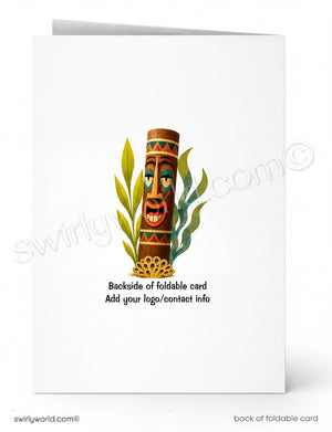 A folded white card shown front and back on a white background. The front features a colorful tiki face illustration with green leaves, and the back text reads 'Backside of foldable card' and 'Add your logo/contact info.
