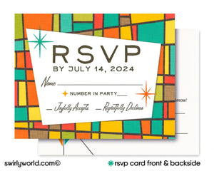 This elegant & swanky 1960s mid-century modern wedding invitation and RSVP card digital download features a chic MCM retro mod Palm Springs aesthetic with atomic-inspired colors and starbursts.