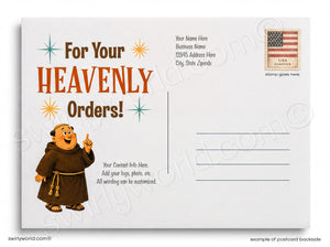 The image is a postcard with a cartoon character, likely a religious figure, and text that says "For Your HEAVENLY Orders!" The postcard also includes a blank space for a stamp and instructions for adding a contact information line.