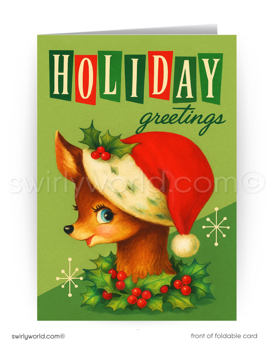 A holiday greeting card featuring a cartoon deer wearing a Santa hat and surrounded by holly leaves and berries.