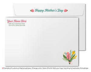 a white envelope with a floral design and text that reads "Happy Mother's Day". The envelope appears to be custom printed, as indicated by the text "Example of custom printed envelopes. Change color/style of fonts! Add your logo/wording to backstory of envelope."