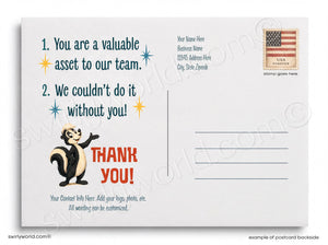 The image is a postcard with a cartoon skunk and a message of gratitude.
