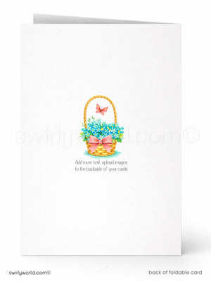 A white card with a floral basket and butterflies on it.