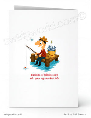 A folded greeting card shown front and back on a white background. The front features a cartoon man fishing from a wooden dock with a bucket of fish, and the back has placeholder text reading 'Backside of foldable card' and 'Add your logo/contact info'.
