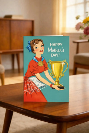 A greeting card with a woman holding a trophy, celebrating Mother's Day.