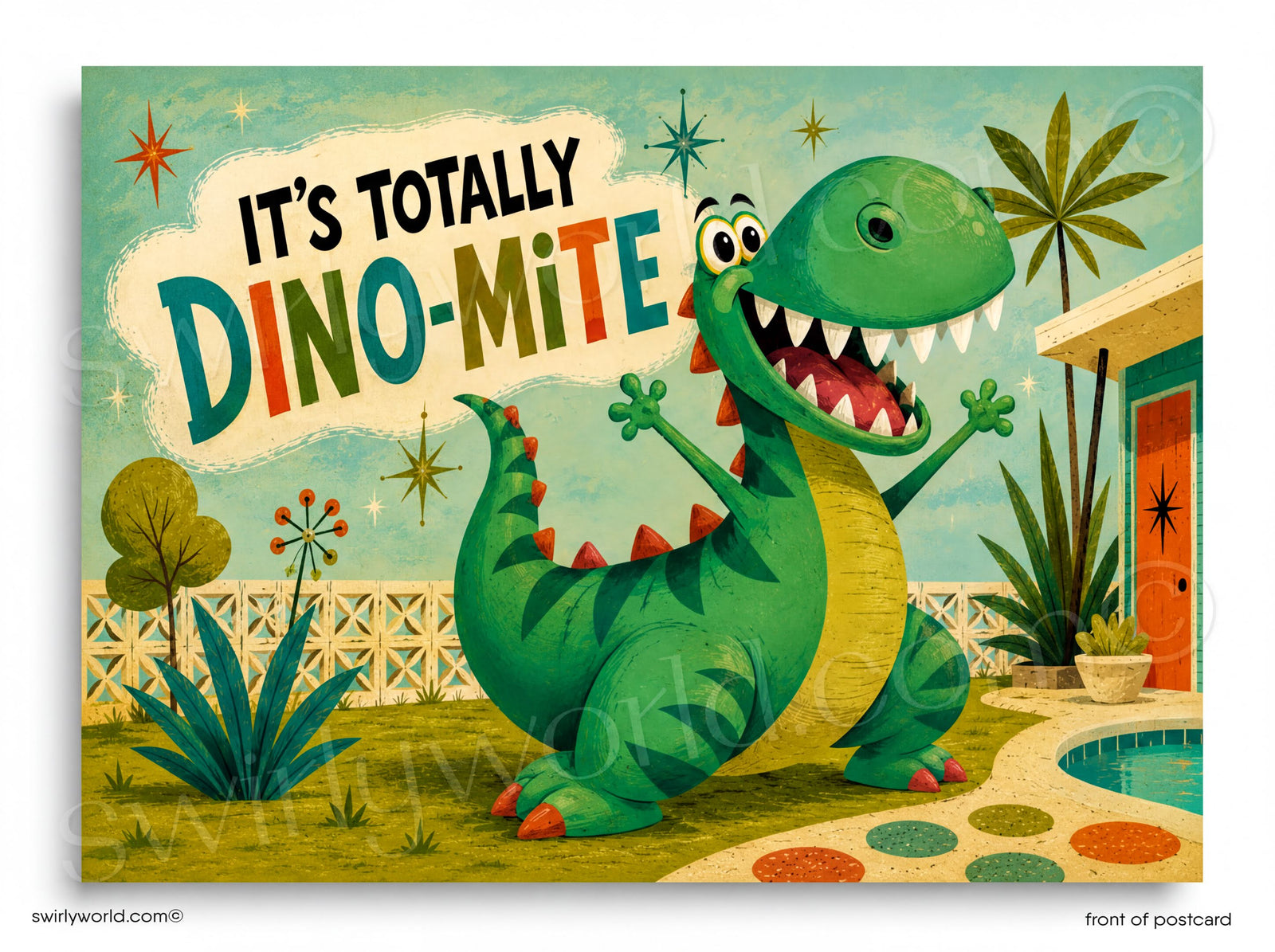 Cartoon dinosaur with 'It's Totally Dino-mite' text in a retro-style setting