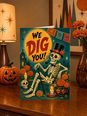 Funny Cartoon Skeleton Printed Halloween Greeting Card - "No Bones About It" Design