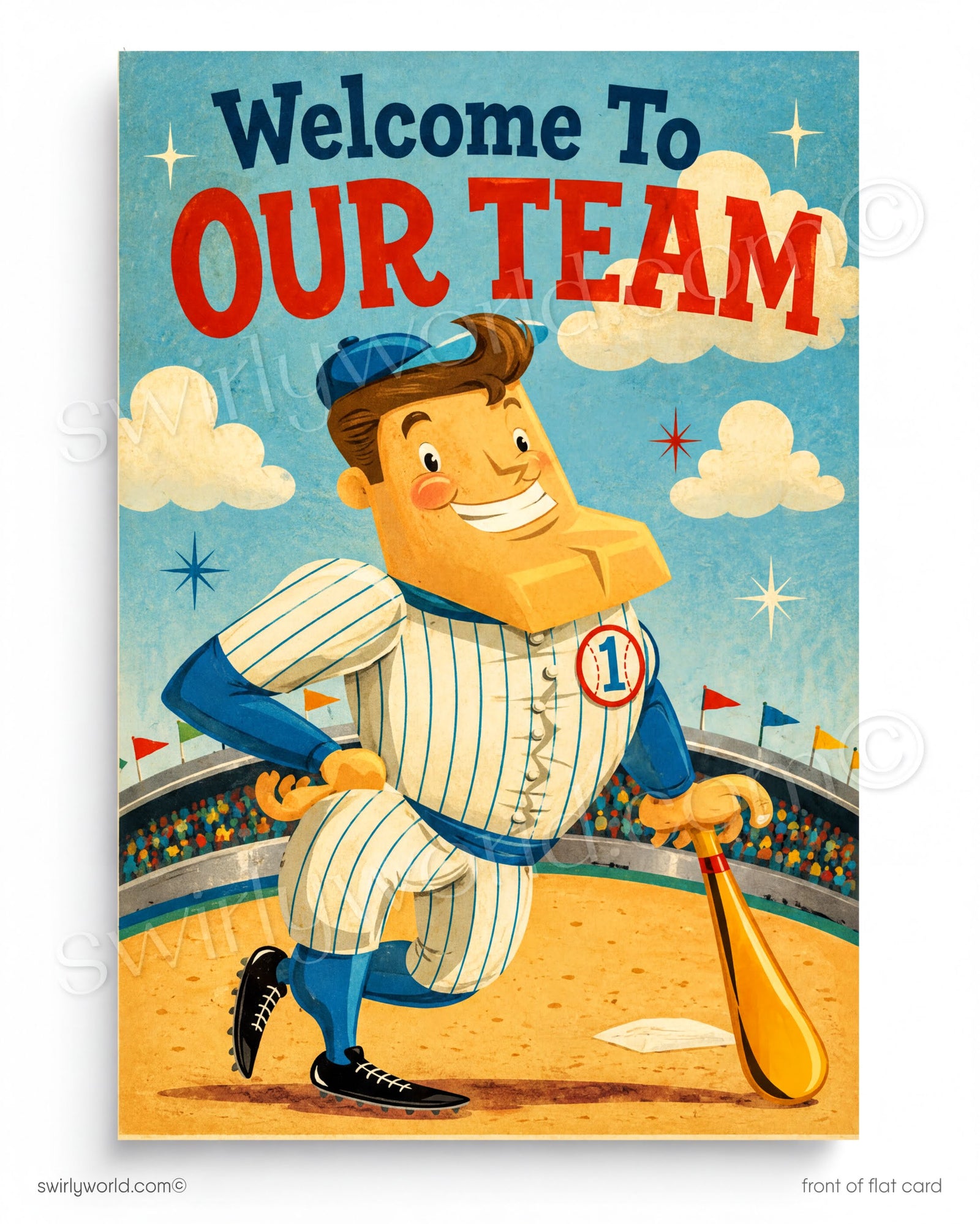 Vintage-style poster with a baseball player and 'Welcome To Our Team' text.