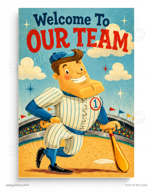 Vintage-style poster with a baseball player and 'Welcome To Our Team' text.