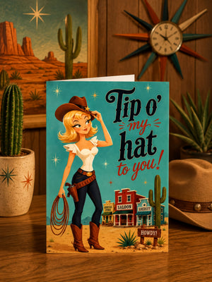 a greeting card with a cartoon illustration of a woman wearing a cowboy hat and holding a lasso, set against a desert landscape with cacti and buildings.