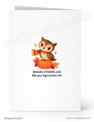 an owl sitting on a pumpkin with autumn leaves, accompanied by text that reads "Backside of foldable card" and "Add your logo/contact info".