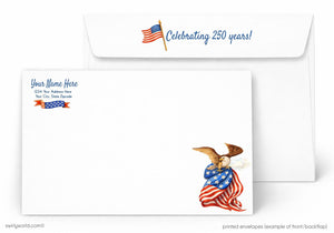 Printed envelopes with American flag and eagle design, celebrating 250 years.