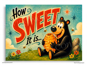 A cartoon bear sitting on the grass and holding a honeycomb with honey dripping from it.