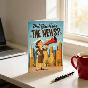 a greeting card with a woman holding a megaphone and standing in front of a cityscape, with the text "Did You Hear the News?" displayed on the card.