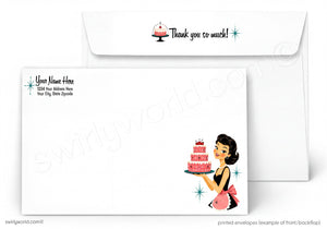 a white envelope with a graphic design of a woman holding a cake. The design includes a stylized illustration of a woman with a cake on a plate, as well as a decorative starburst pattern. The envelope has a message that says "Thank you so much!" and a space for the recipient's name and address.