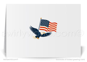 A white greeting card with an illustration of an eagle holding an American flag.
