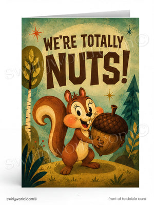 Thank you greeting card with a cartoon squirrel holding an acorn and text 'We're Totally Nuts!' in a forest setting.