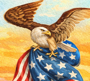 An eagle is perched atop an American flag, its wings spread wide as it soars against a vibrant sky.
