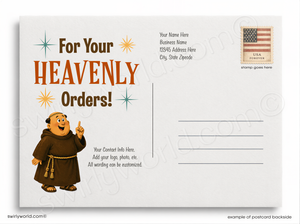 The image is a postcard featuring a cartoon image of a smiling man in a brown robe, along with text and a stamp.