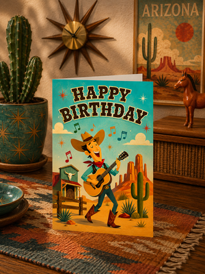 A Western-themed 'Happy Birthday' greeting card featuring a cowboy playing guitar in a desert landscape, styled on a patterned rug in a rustic room setting with a cactus and vintage decor.