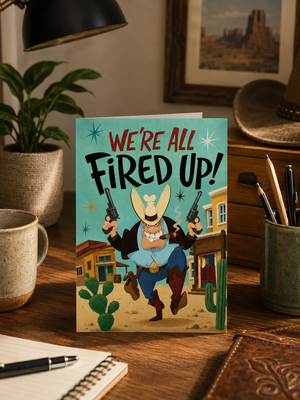 A colorful greeting card featuring a cartoon cowboy with guns and the text 'WE'RE ALL FIRED UP!' stands on a wooden desk in a styled home office setting with a mug, notebook, lamp, and framed picture.