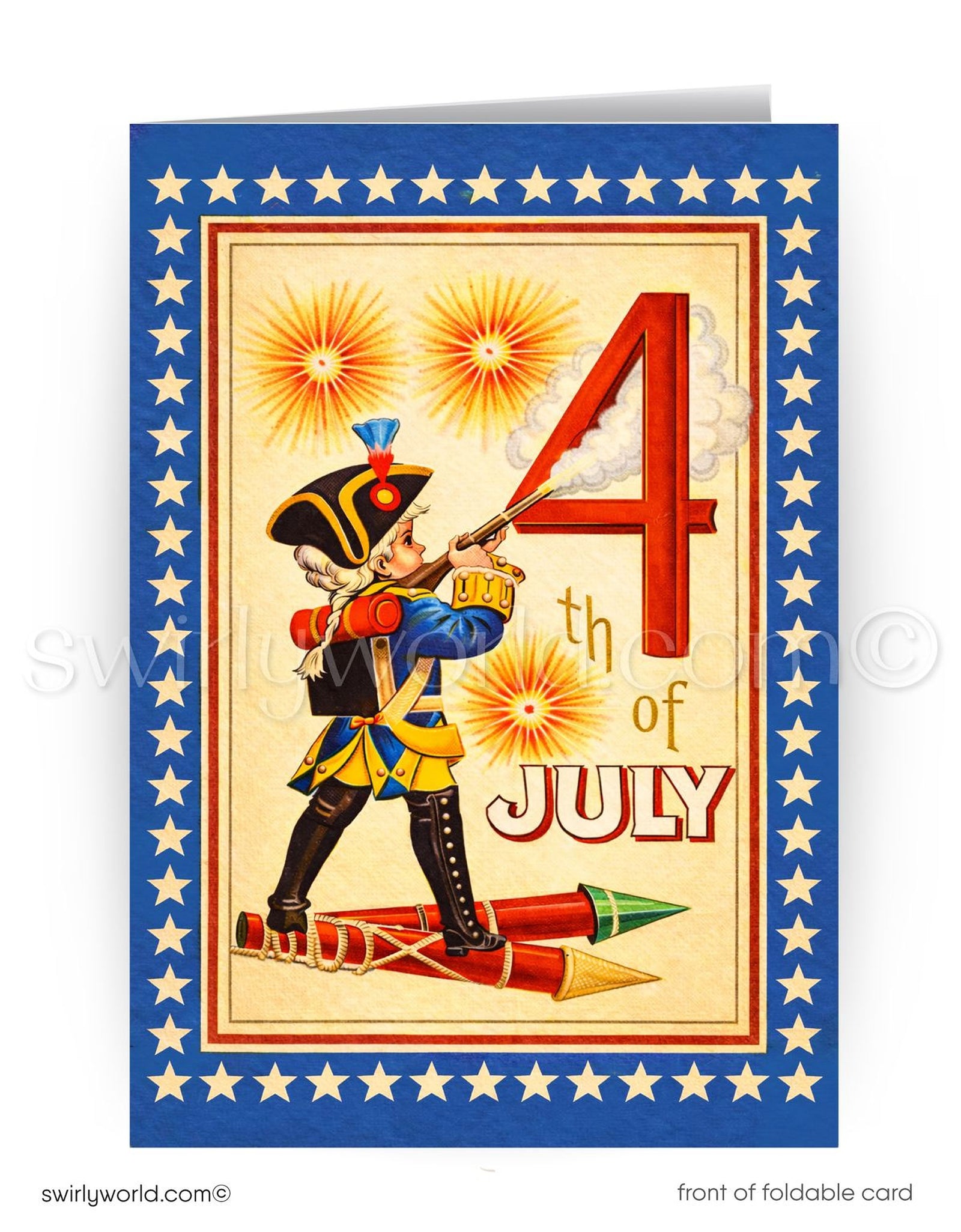 The image is a colorful illustration of a soldier holding a musket, surrounded by fireworks and the number 4, with the text "4th of July" prominently displayed.