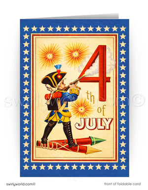 The image is a colorful illustration of a soldier holding a musket, surrounded by fireworks and the number 4, with the text "4th of July" prominently displayed.