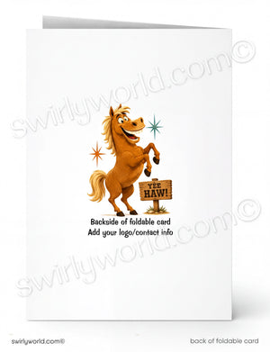 A folded white card shown front and back. The front features a cartoon brown horse with a sign reading 'YES HAW!' and small star accents.