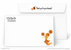 Envelopes with a cheerleader design and 'Thank you for your business!' text.