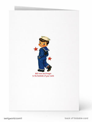 A vintage-style illustration of a sailor boy wearing a blue uniform and hat, with red stars around his neck. The text below the illustration instructs to add more text/images to the back of the card.