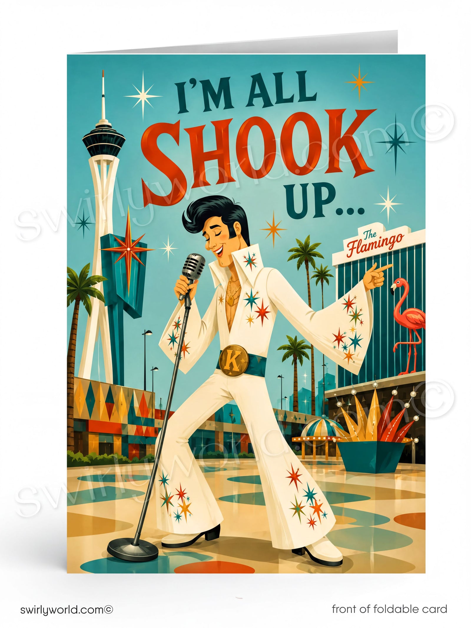 A folded greeting card featuring a retro-style illustration of Elvis Presley singing at The Flamingo in Las Vegas, with the text 'I'M ALL SHOOK UP.
