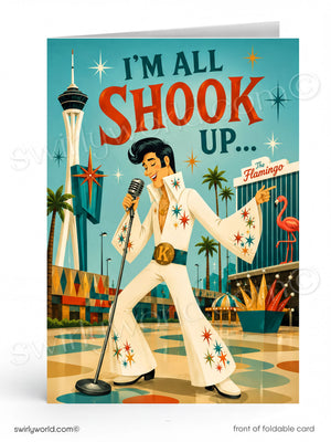 A folded greeting card featuring a retro-style illustration of Elvis Presley singing at The Flamingo in Las Vegas, with the text 'I'M ALL SHOOK UP.