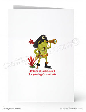 Backside of a foldable card with a pirate frog design and space for customization.