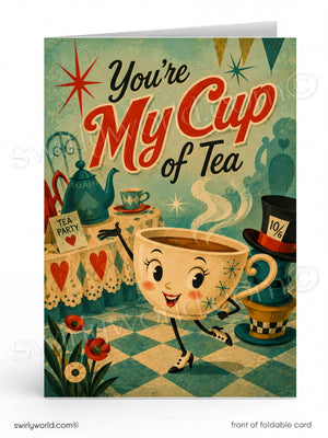 a greeting card with a cartoon character holding a cup of tea