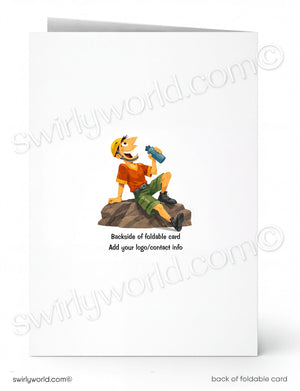 A folded white card shown front and back on a white background. The front has a small cartoon illustration of a person sitting on a rock holding a blue bottle, with placeholder text reading 'Backside of foldable card' and 'Add your logo/contact info.