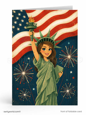 Greeting card with illustration of a female figure holding a torch against an American flag and fireworks.