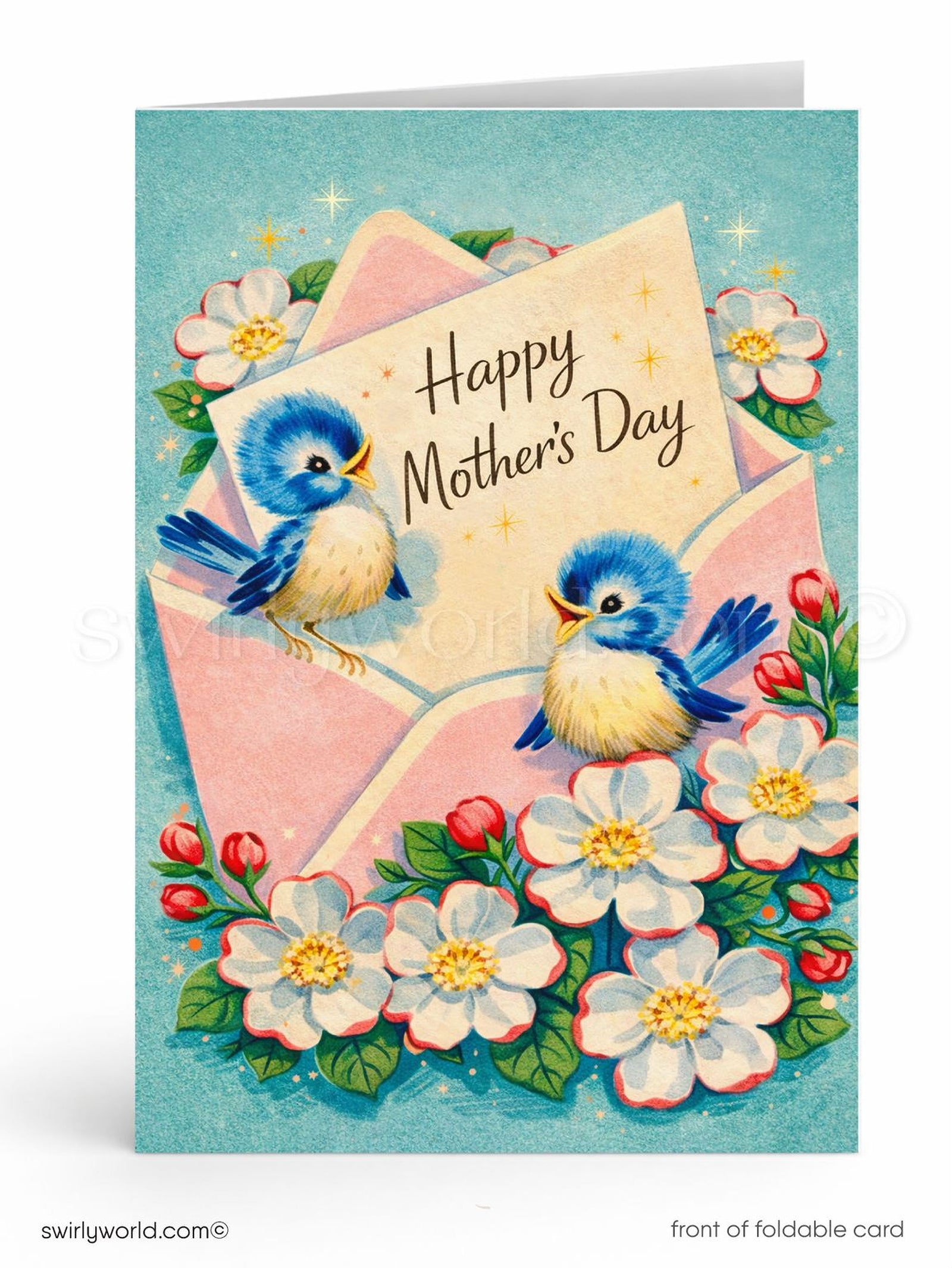 Vintage 1950s Happy Mother's Day greeting card with blue birds and flowers on a light blue background