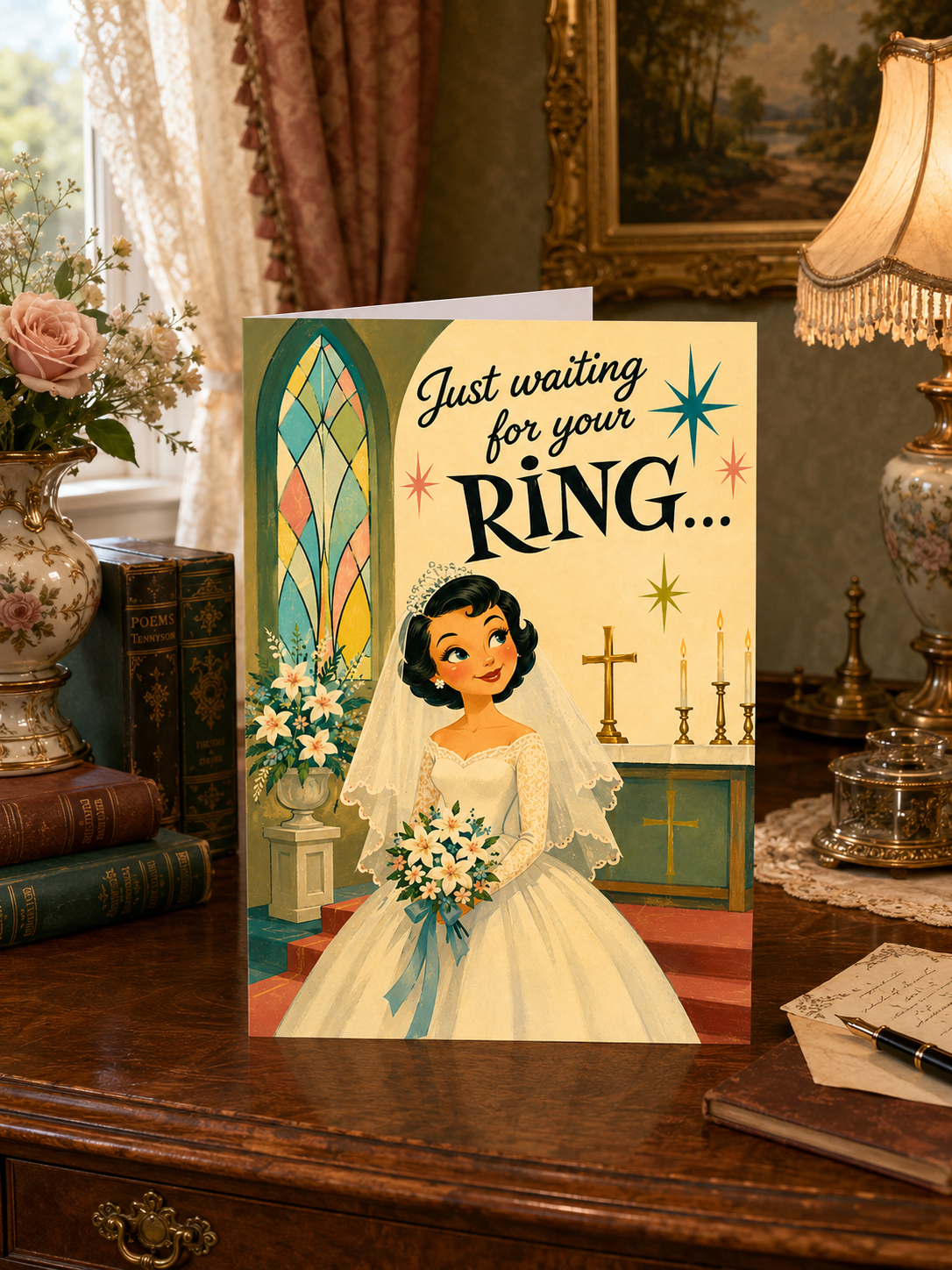 A vintage-style folded greeting card shown front-on against a white background. The card features an illustration of a bride in a white wedding dress and veil holding a bouquet, standing in a church with candles and a stained-glass window.