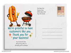 The image is a postcard featuring a cartoon hot dog and a barbecue grill, along with a message expressing gratitude to customers for their business.