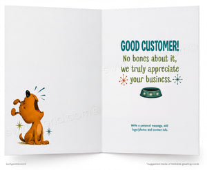An open greeting card template with a white background. The left panel shows a cartoon brown dog with a happy expression.