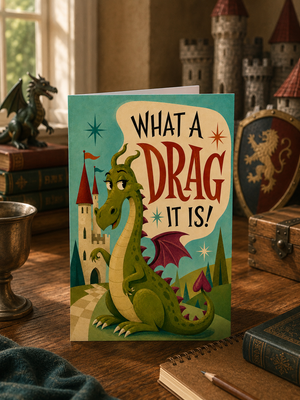 A vertical greeting card featuring a whimsical illustration of a green dragon with red wings and the text 'WHAT A DRAG IT IS!' in bold red and black lettering. The card is displayed standing upright on a wooden table surrounded by medieval-themed props, including a miniature shield, books, and a toy castle.