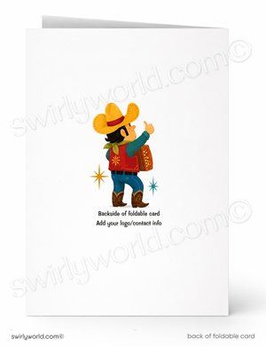 A white foldable greeting card shown front and back. The front has a small western-style cartoon cowboy with a yellow hat, blue shirt, red vest, and brown boots.