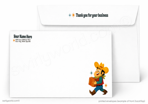 A white printed envelope set shown on a light gray background. The front envelope has placeholder text on the upper left and a small cartoon cowboy carrying a guitar in the lower right.