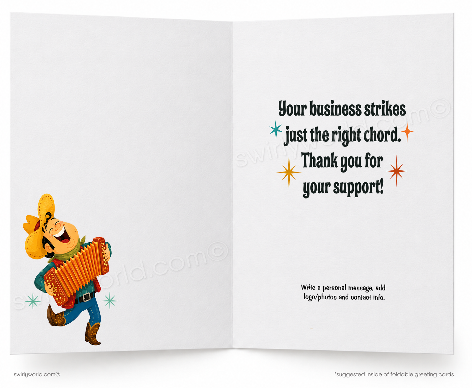 A folded greeting card shown upright on a white background. The card features a retro western illustration with the text 'ACCORDIAN to me.
