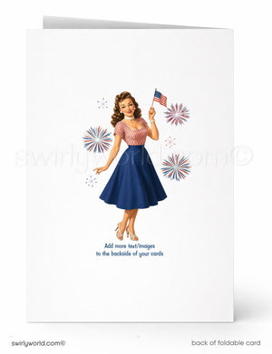 A vintage-style illustration of a woman wearing a striped dress and holding an American flag, surrounded by fireworks.