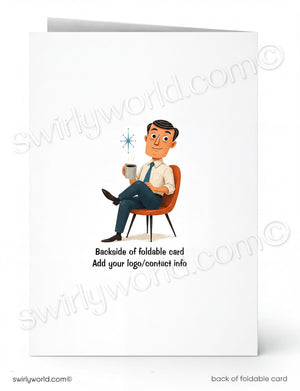 A folded greeting card shown front and back on a white background. The front features a cartoon man sitting in an orange chair with a coffee mug and a small starburst, with text below reading 'Backside of foldable card Add your logo/contest info'.